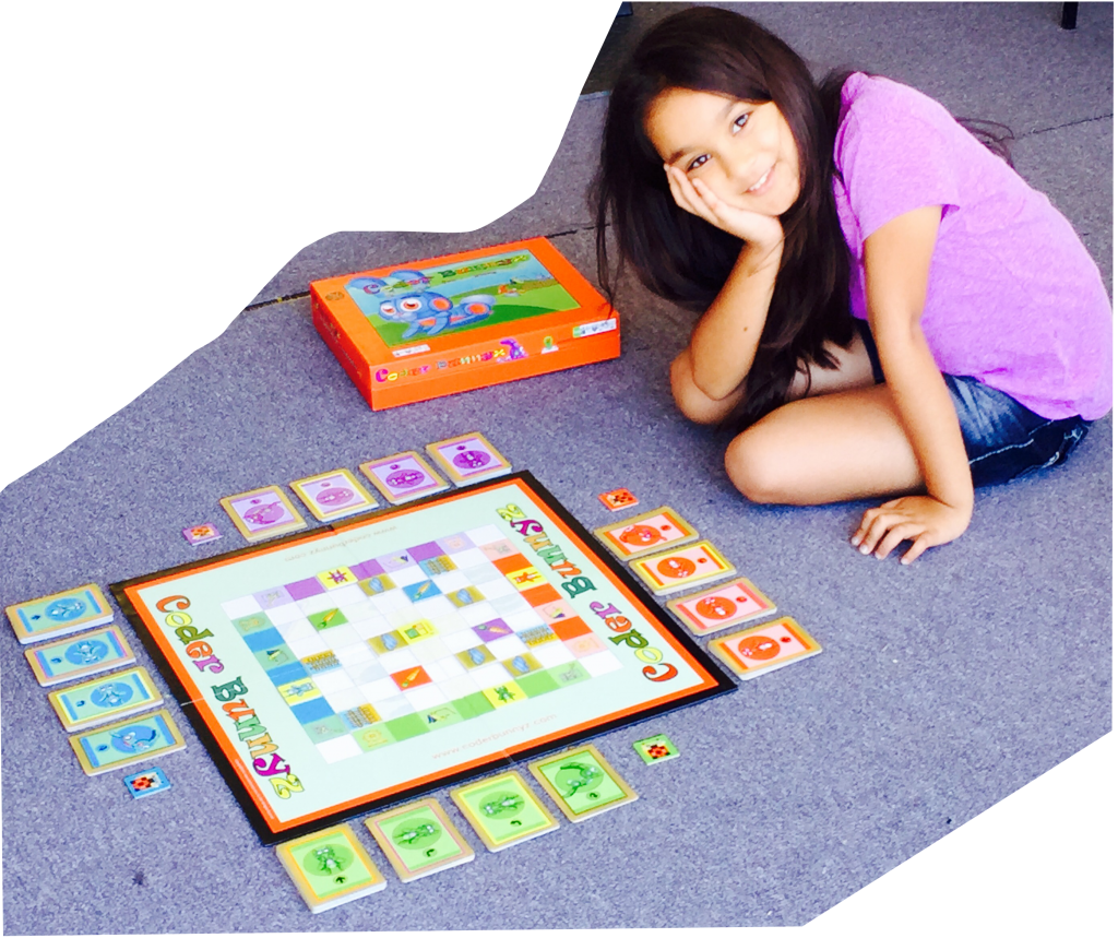 Samaira Mehta as a young inventor with her CoderBunnyz board game