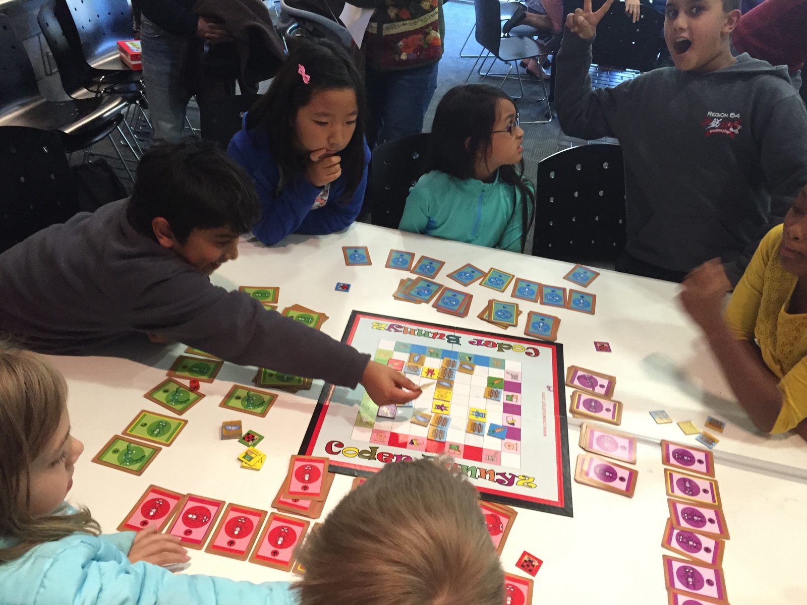 Kids playing the CoderBunnyz board game at a table